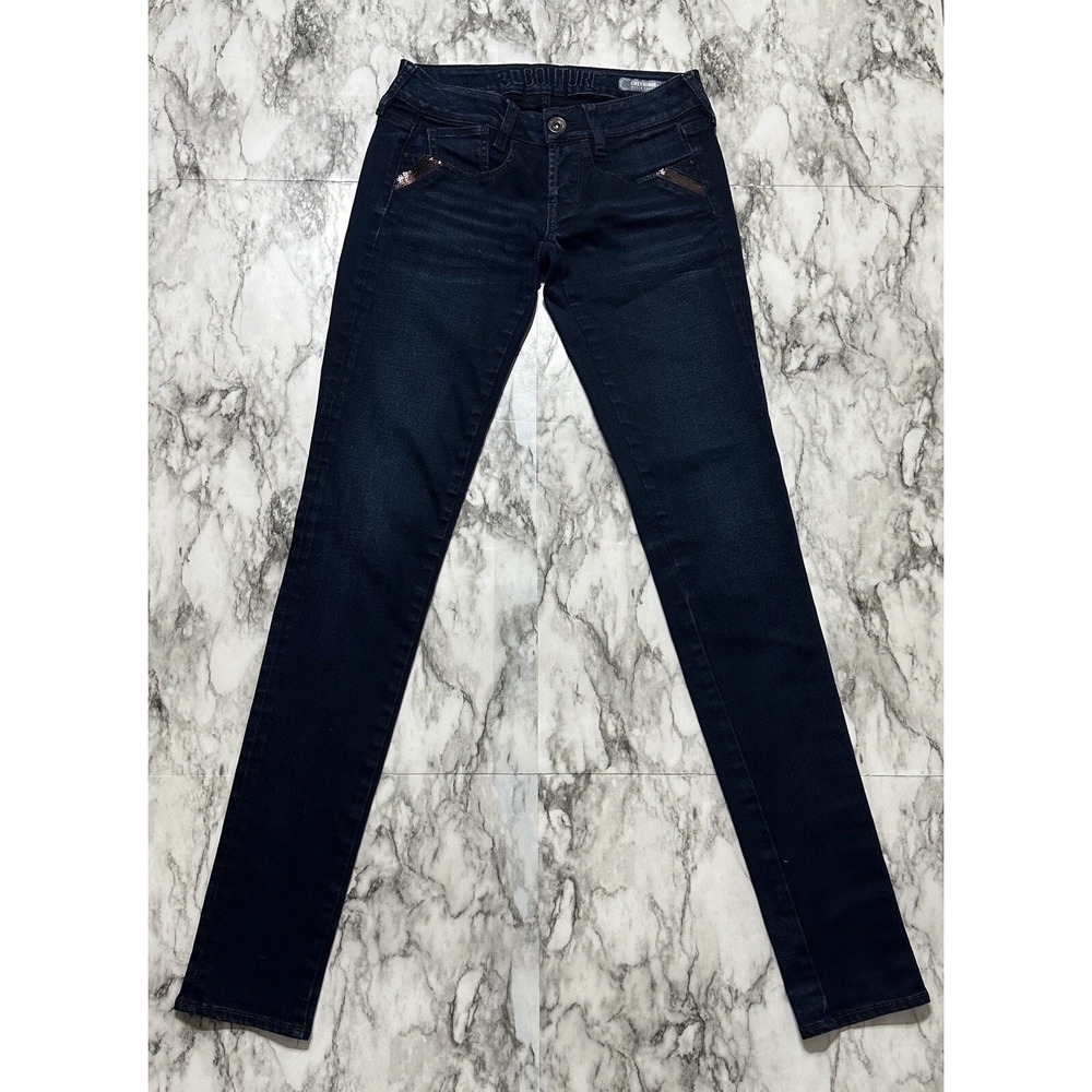 Chevignon Women's Jeans Sz 24/4 Blue Denim Biker Straight Leg Stretch Button Fly